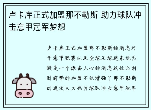 卢卡库正式加盟那不勒斯 助力球队冲击意甲冠军梦想