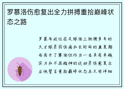 罗慕洛伤愈复出全力拼搏重拾巅峰状态之路 罗慕洛伤愈复出全力拼搏重拾巅峰状态之路